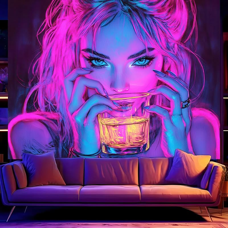 BlissYard Blacklight Tapestry Bedroom Cool Cute Girl Anime Wall Tapestry Aesthetic UV Reactive Purple Tapestries Glow In The Dark Art Wall Hanging