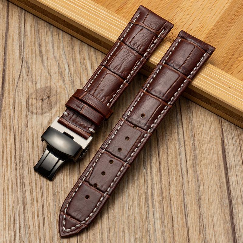 Bamboo Pattern Genuine Leather Watch Strap with Soft Cowhide and Butterfly Buckle for Men and Women