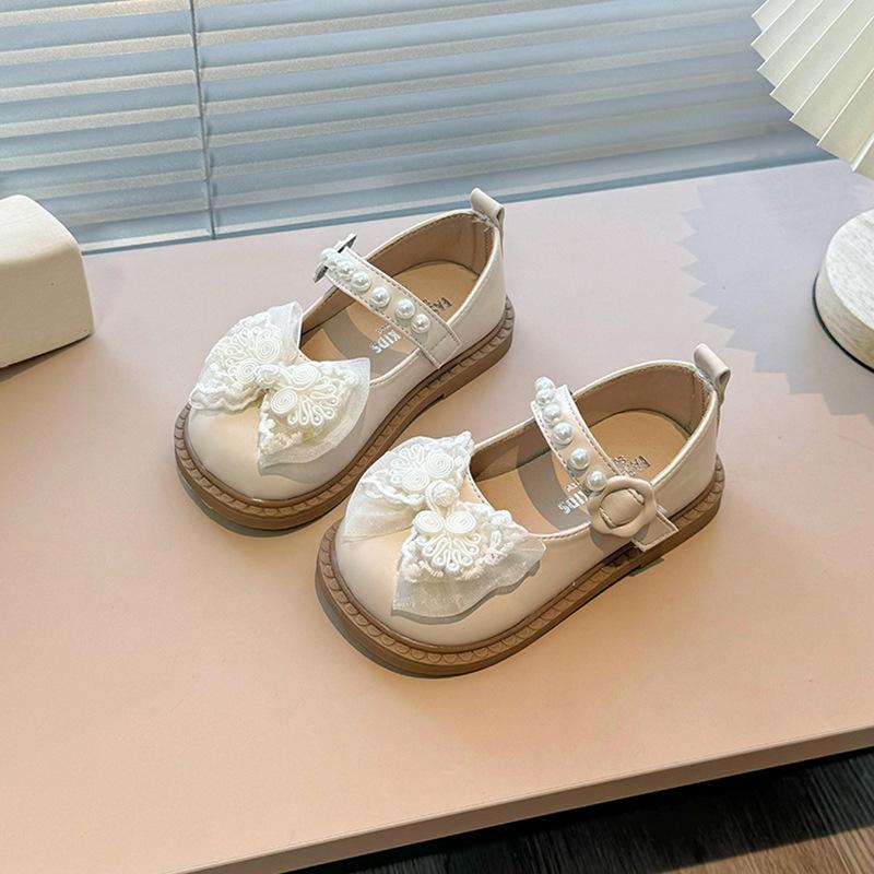 Girls Lace Bow Pearl Decor Mary Jane Casual Leather Shoes 21 бежевый