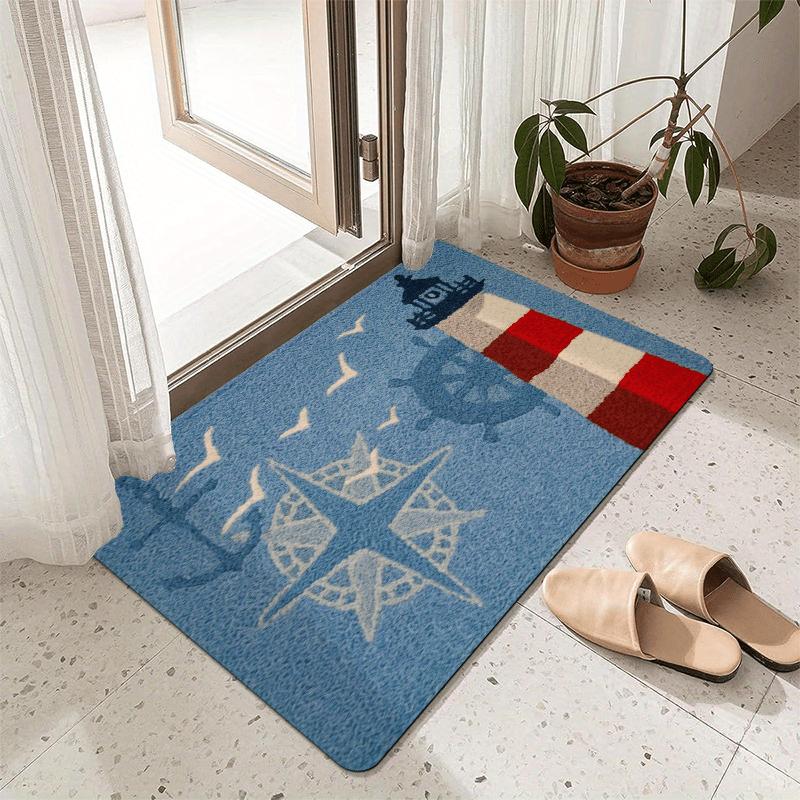Ocean-Themed Seagull Lighthouse and Compass Print Welcome Doormat, Machine Washable Polyester Door Mat with Non-Slip Backing, High-Quality Soft Thick