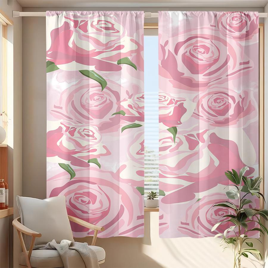 2 Stück mehrfarbige rosa Rosenmuster Vorhänge mit Stangentasche Design für Schlafzimmer und Wohnzimmer