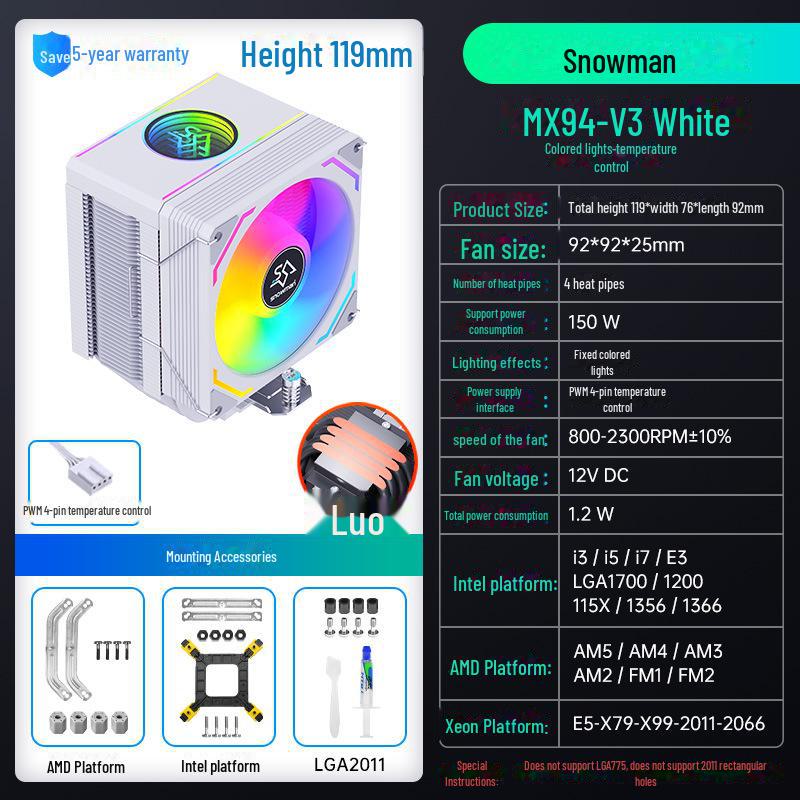 SNOWMAN Bingman MX94 Silent CPU Cooler with 4 Heat Pipes, Compatible with AM4, AM5, 1700, 2011, and X99 Platforms