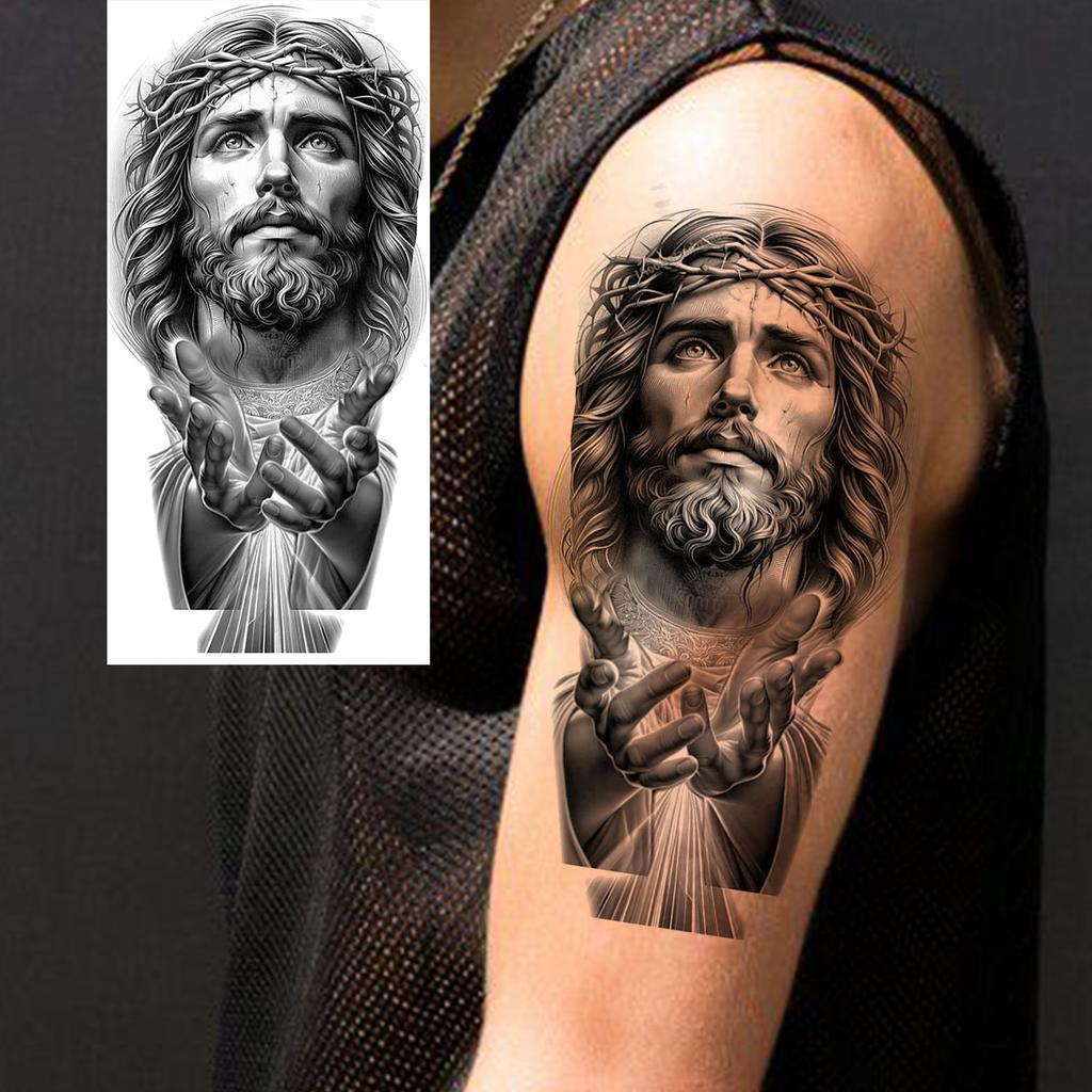 1 Sheet Jesus Pray With Cross Thorn Temporary Tattoos For Men Women Adults, Long Lasting Waterproof 3d Temp Fake Tattoo Sticker