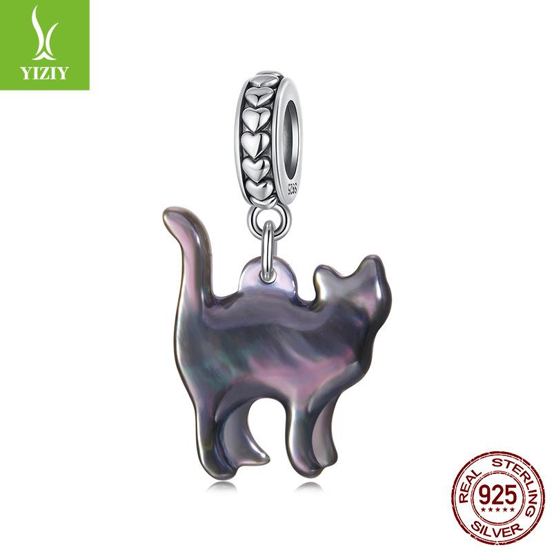 S925 Sterling Silver Fritillary Black Cat Pendant Accessories, Personalized Cat Diy Beads