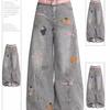 Women's Embroidered Washed Denim Jeans  Loose Slim Wide Leg Pants High Waist Zipper Closure Non-Stretch Fabric