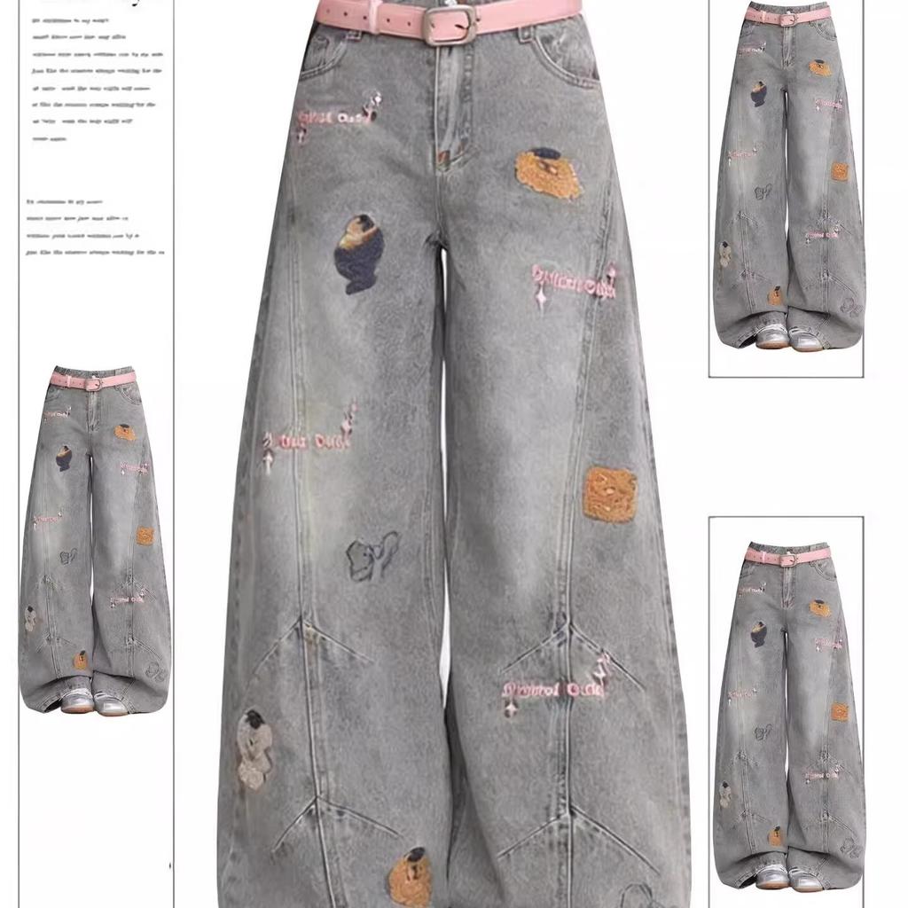 Women's Embroidered Washed Denim Jeans Loose Slim Wide Leg Pants High Waist Zipper Closure Non-Stretch Fabric