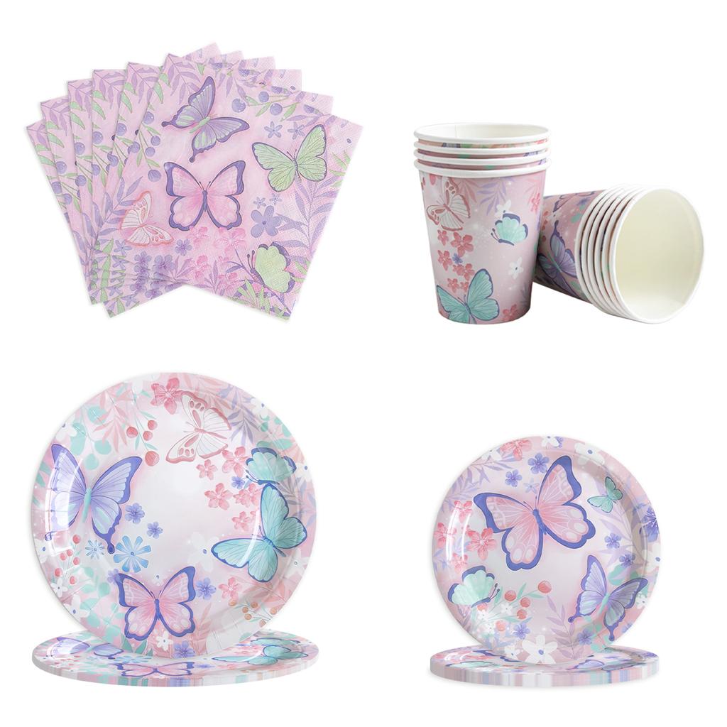 Pink Butterfly Disposable Tableware Happy Girl's Birthday Party Decorations Kids Butterfly Theme Party Decoration Baby Shower