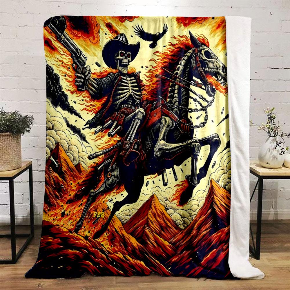 Flaming Skeleton Cowboy Rider print blanket soft and cozy perfect for the living room bed sofa or a nap,gift