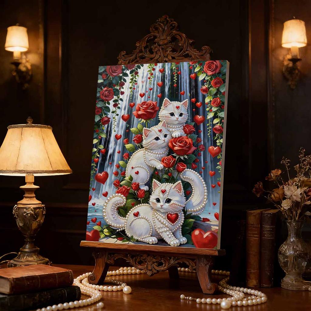 Handmade DIY Pearl Painting Roses and Cats Theme Bedroom Living Room Frameless Diy Handmade Sticky Diamond Creative Canvas Painting