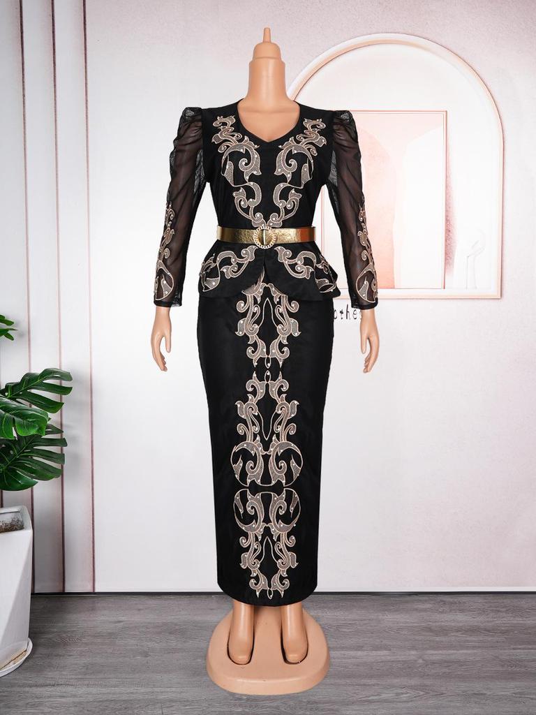 African Plus Size Rhinestone V-neck Formal Dress