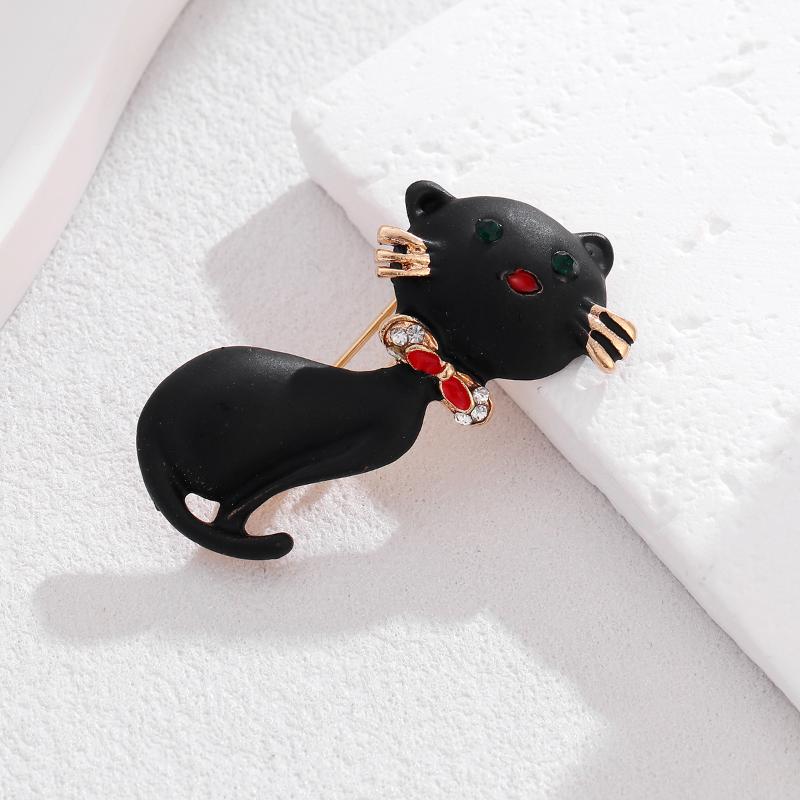 Unisex Black Cat Brooch with Rhinestones Enamel Animal Pin Perfect for Jackets and Coats
