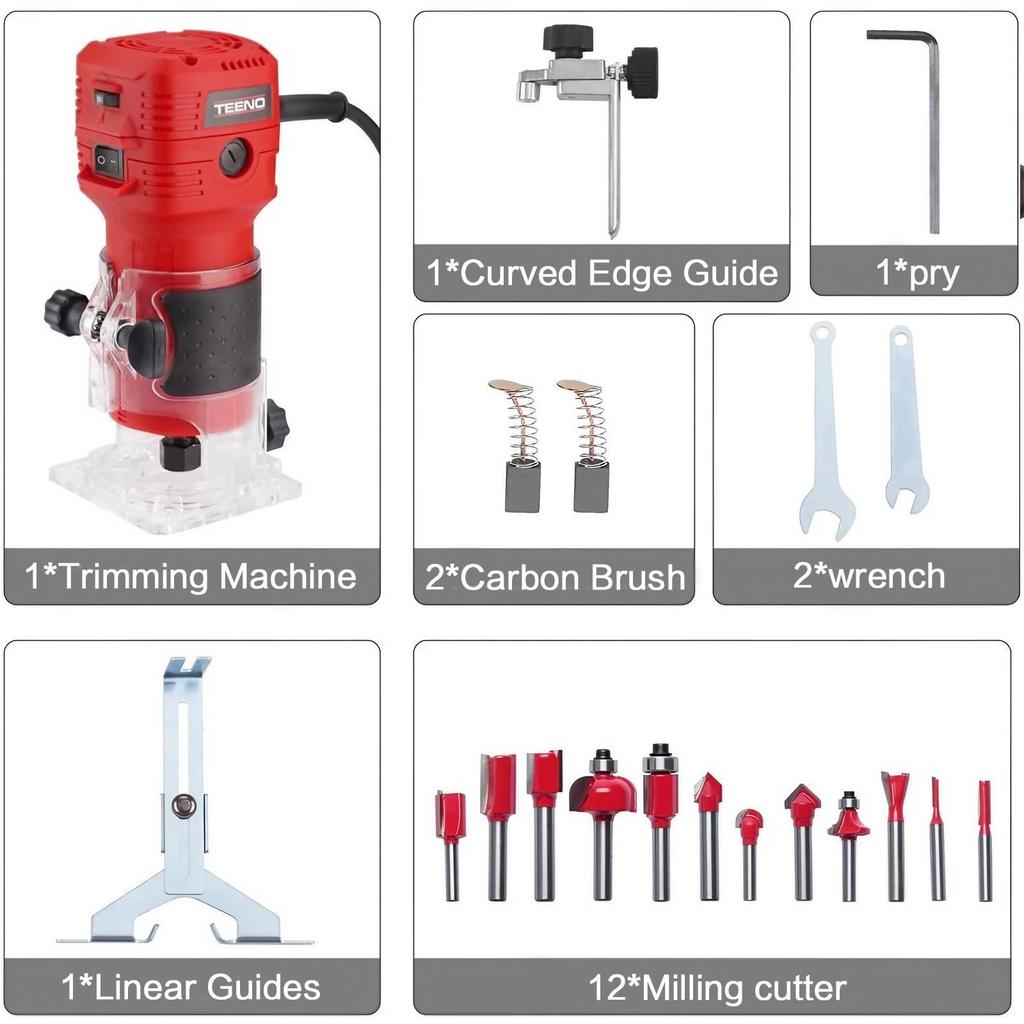 High Speed 650W 32000RPM Electric Wood Router 14 Inch Shank 12Pcs Bits Set Woodworking Power Tool Trimmer