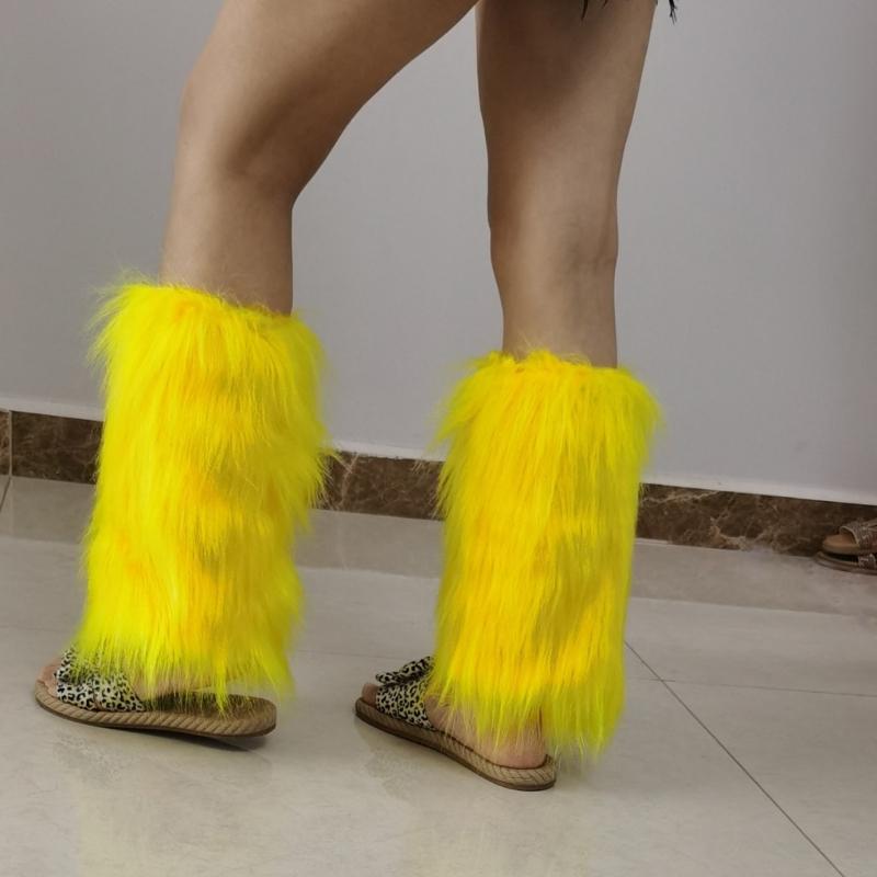 Fuzzy Boot Cuffs Leg Warmer for Women Girl Aesthetic Vintage Solid Color Bright Yellow Plush Leg Cover Knee Length Socks