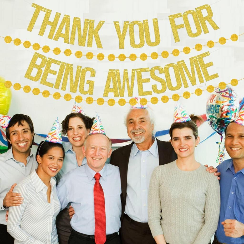 Pre-Strung Thank You for Being Awesome Gold Glitter Banner,NO NEED DIY Cute Banner Sign with 2PCS Hanging Circle Dot Streamer for Graduation