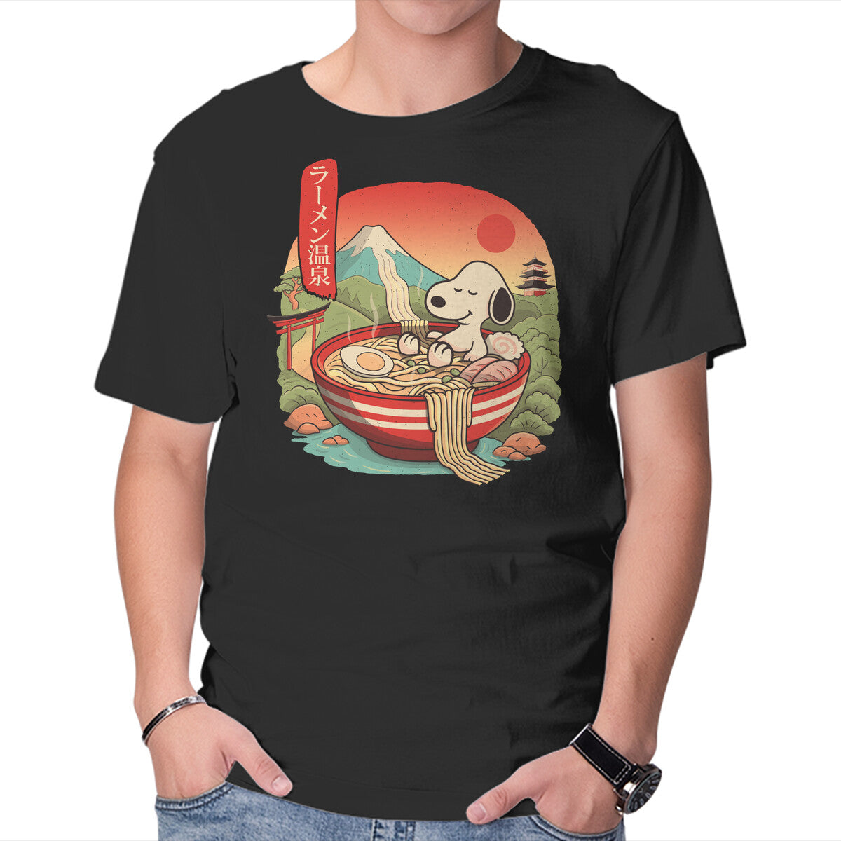 Unisex Crew Neck T-Shirt Ramen Onsen Graphic Short Sleeve Casual Tee S