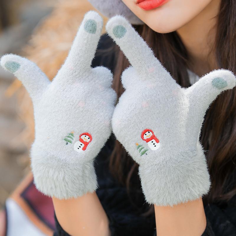 Autumn And Winter Knitted Plush Gloves Outdoor Cycling Windproof Warm Thick Cute Cartoon Touch Screen Gloves