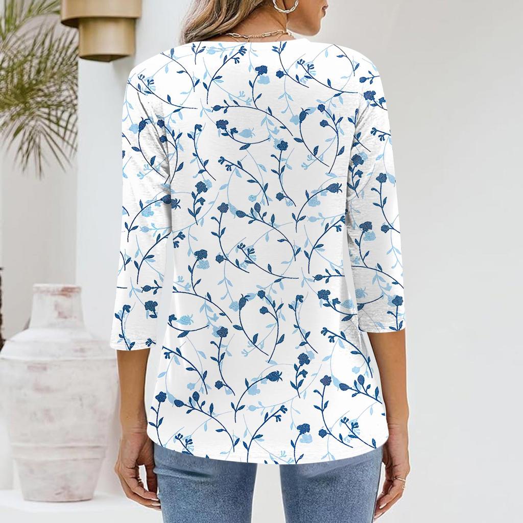 Damenmode Casual V-Ausschnitt 3/4 Ärmel Lose Bedrucktes T-Shirt Damen Top