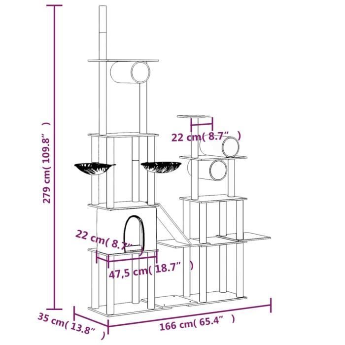 171617 vidaXL Cat Tree with Sisal Scratching Posts Dark Grey 279 Cm