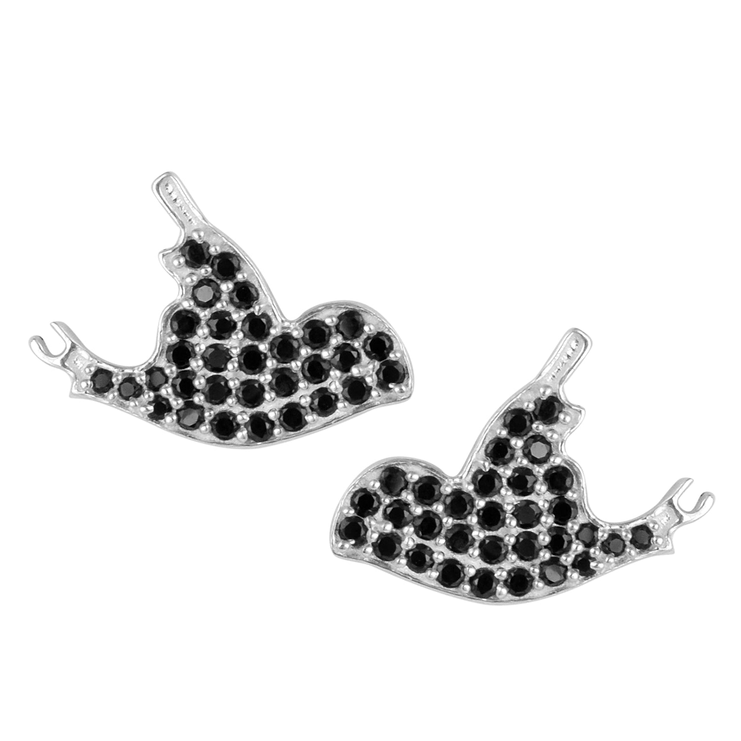 Серьги-гвоздики  Воробей  из черного шпинели - стерлинговое серебро 925 пробы белый