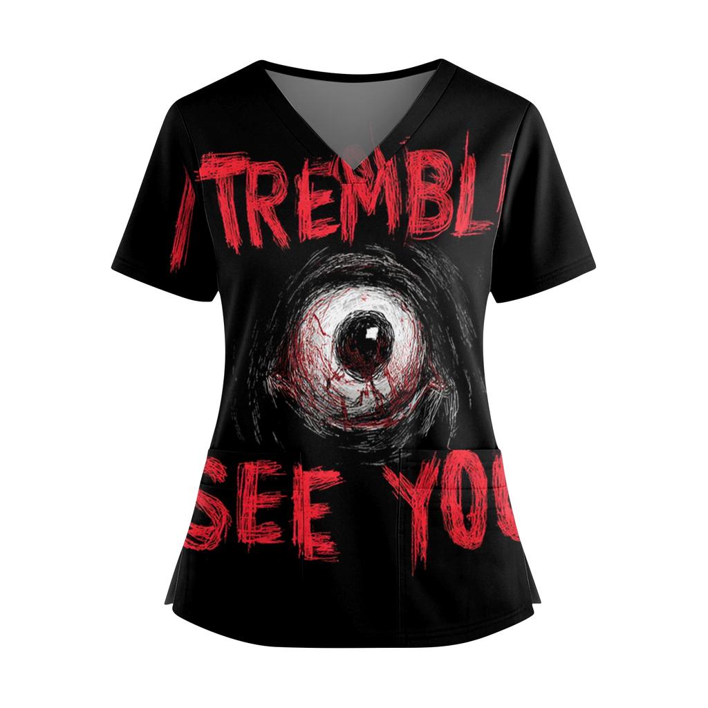 Halloween Print V Neck Short Sleeve Nurse Top with Double Pockets and Side Slits Medical Scrub Shirt for Healthcare Workers