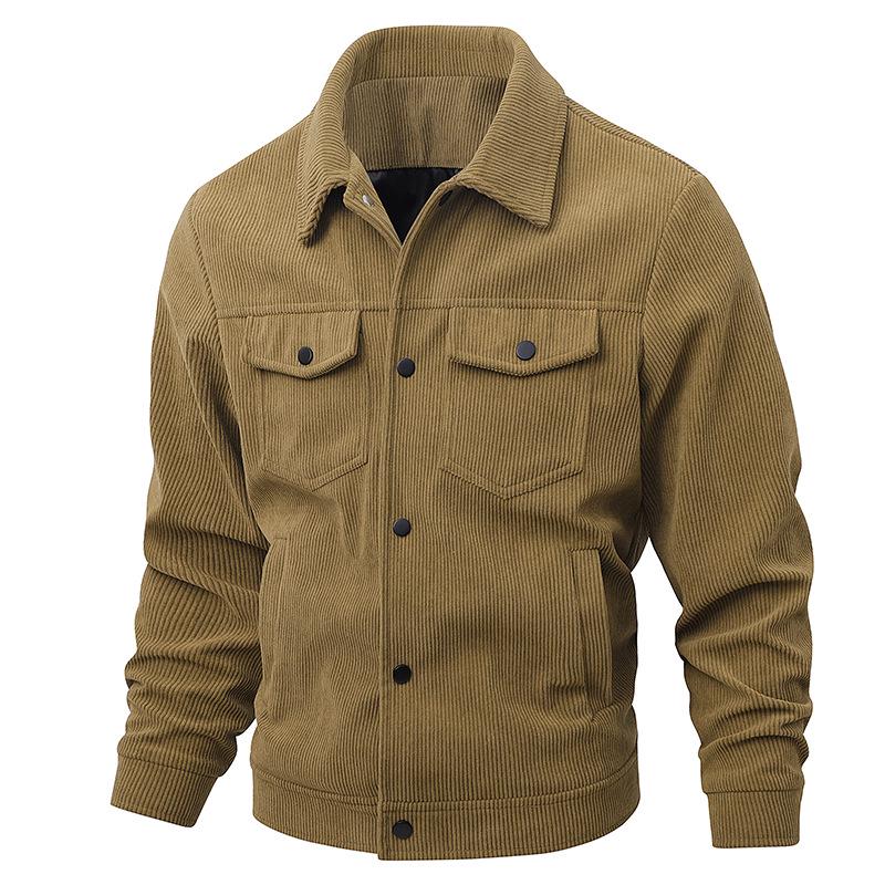 Men's Retro Corduroy Lapel Jacket - Spring/Autumn Workwear, Solid Color, Middle-Aged American Style