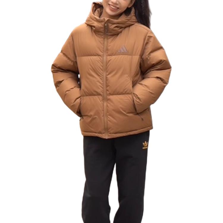 adidas Women Sportswear Puff Down Hooded Jacket Desert Brown Regular Fit 80% Duck Down Warm Winter Casual Coat JV6191
