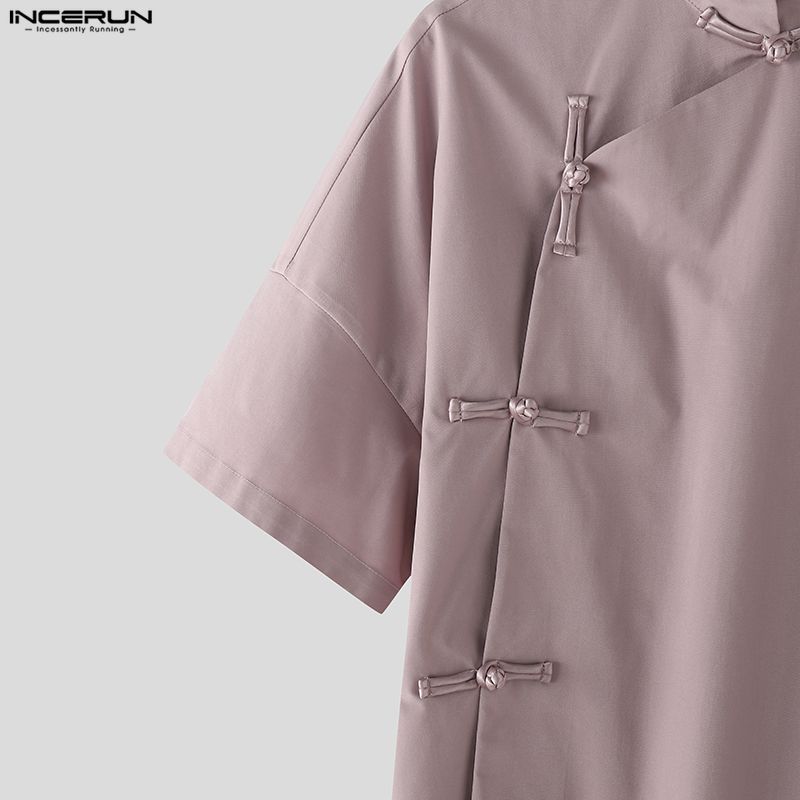 INCERUN Summer Men Stand Neck Short Sleeve Side Buttons Casual Vintage Shirts Tops