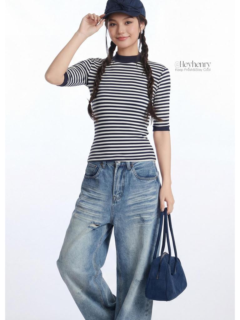 HeyHenry Women's Striped Color Block Seven-Sleeve Slim Fit T-shirt