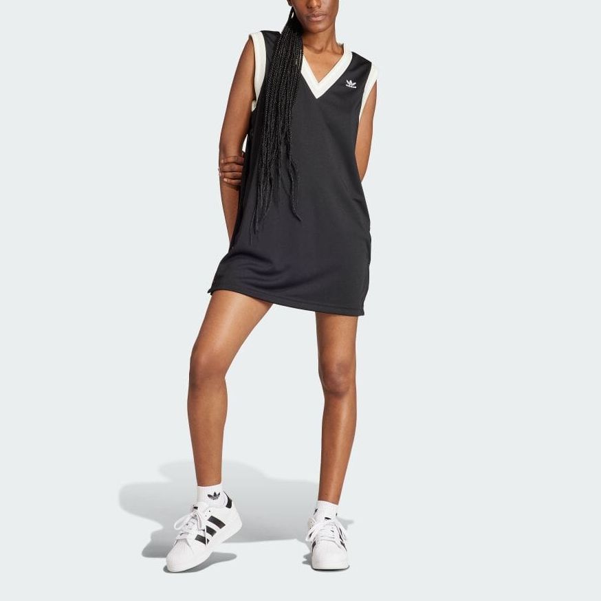 Adidas Originals Solid Color V-Neck Sports Casual Midi Sleeveless Dress Women Dresses Black IS5262