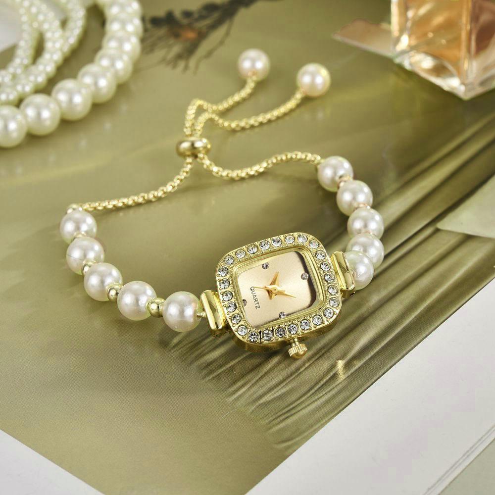 Ceas de Dama Fashion cu Curea de Perle, Diamante, Cadran Pătrat, Brățară cu Ajustare Liberă, Cadou pentru Femei, Ceas Quartz