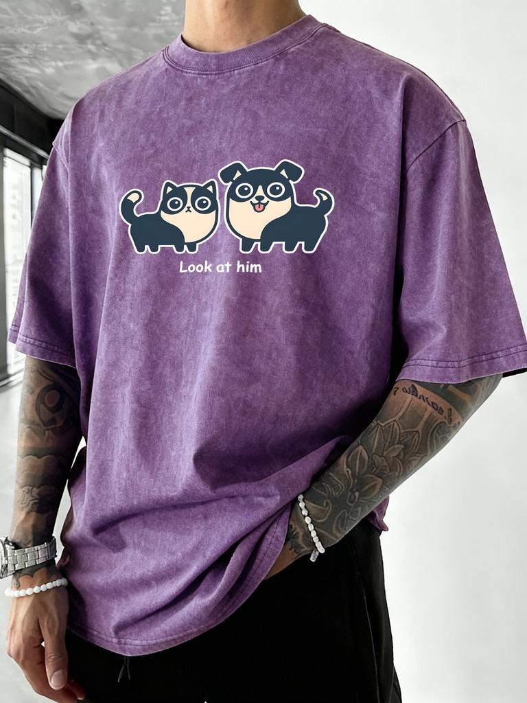 Look At Him Naughty Dog Printed Washed Cotton T Shirt Men Vacation Hip Hop Summer Unisex TShirts Crewneck Loose Streetwear