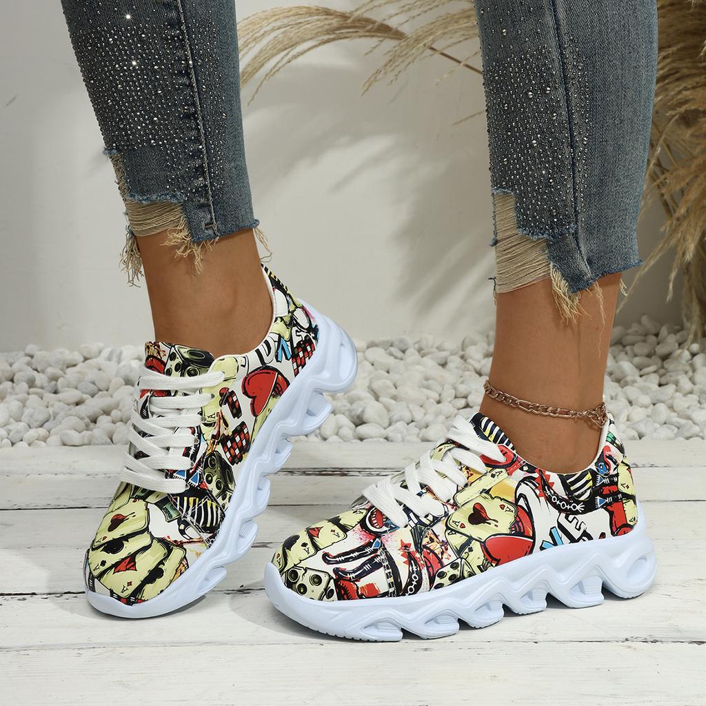 Sneakers Large Size Sneakers Women's Outer Wear Muffin Thicksole Front Lace-Up Low Top Full Graffiti Casual Sneakers