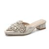 Fashion Pearl Half Slippers Women Shoe Autumn Rhinestone Chunky Mid Heel Slipper Sandals Fashion Muller Casual Versatile Single Shoes