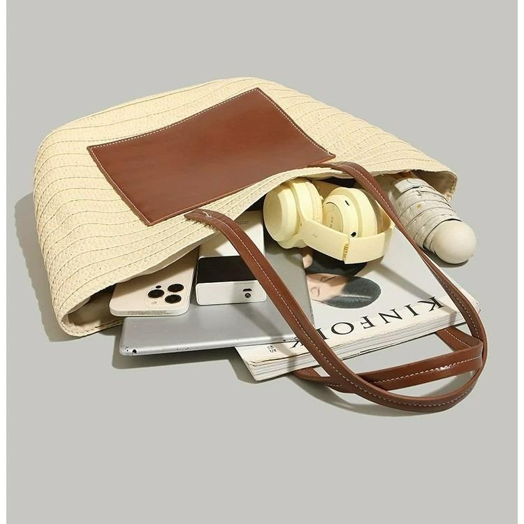 New High-end Straw Woven Bag, Hand Woven Bag, Large Capacity Single Shoulder Tote Bag, Women's Beach Vacation Beach Bag