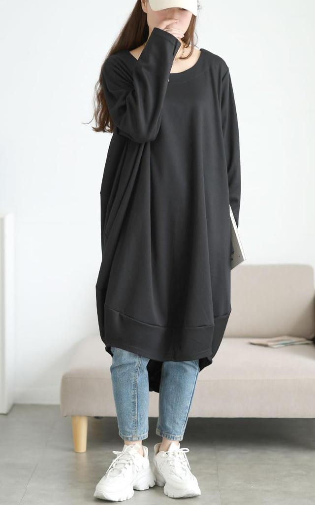 Gold Japan Plus Size Cocoon Long Long Front and Back Winter Black Women's Dress, Sleeves, Oversized, Length, Adjustment, Roomy, Outfit, Autumn/Winter,