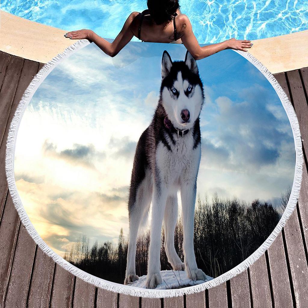 Cute Husky Pet Dog Round Beach Beach Towel, Soft Absorbent Quick Dry Circle Swim Towel with Tassels Roundie Yoga Mat Picnic Rug