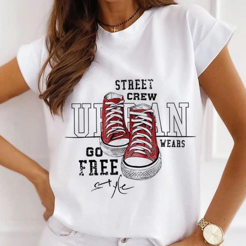 

Korean Fashion Canvas Shoes Letter Graphic Print Women T-Shirt Summer Blouses Loose White O-Neck Short Sleeve Tops Goth Y2K Tees S білий