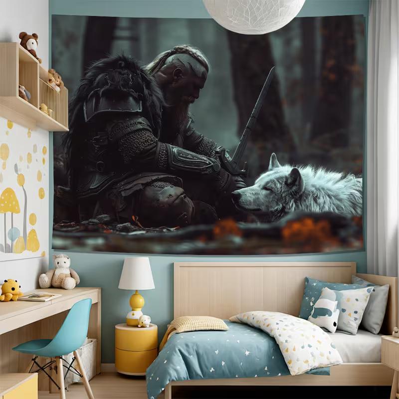 2D Norse Mythology Warrior & Wolf Tapestry Dark Fantasy Art Wall Decor Cloth for Home & Bedroom