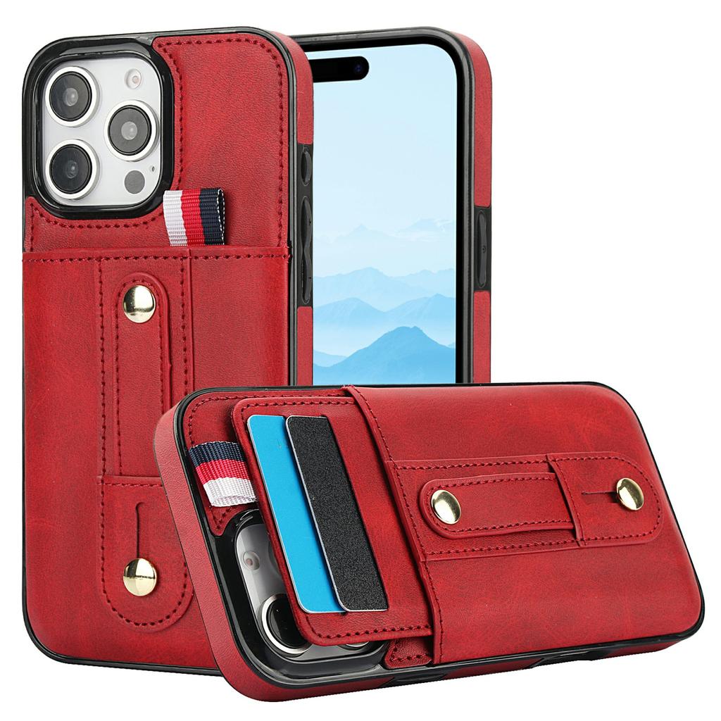For iPhone 16 Pro Max Case PU Leather+TPU Hidden Card Holder Drop-proof Phone Cover with Kickstand