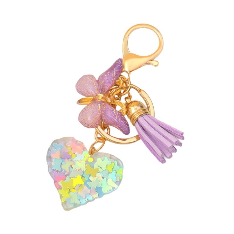 

Car Key Chains Lovely Heart Keychain Butterfly Keyring Hanging Ornament Bag Charm Sequins Filled Resin Keyholders