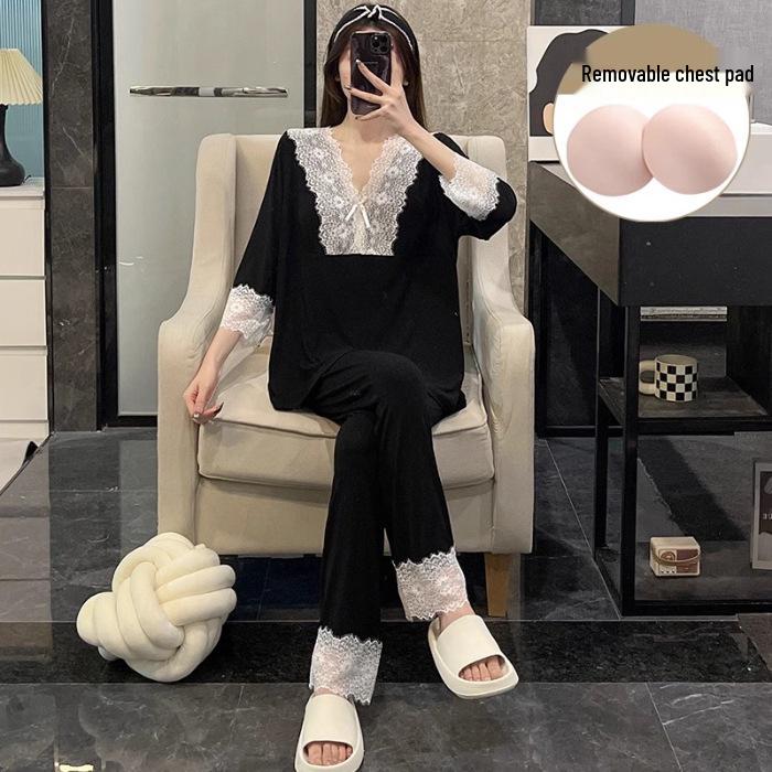 

Женский летний комплект для отдыха из ледяного шелка с черным кружевом и рукавом три четверти L