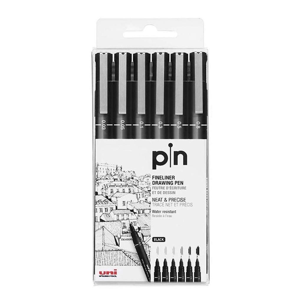 Uni-Ball PIN-200 Drawing Pen Set, 6 Pack, Black Ink, 0.03–0.8mm Tips for Sketching, Calligraphy & Technical Drawing