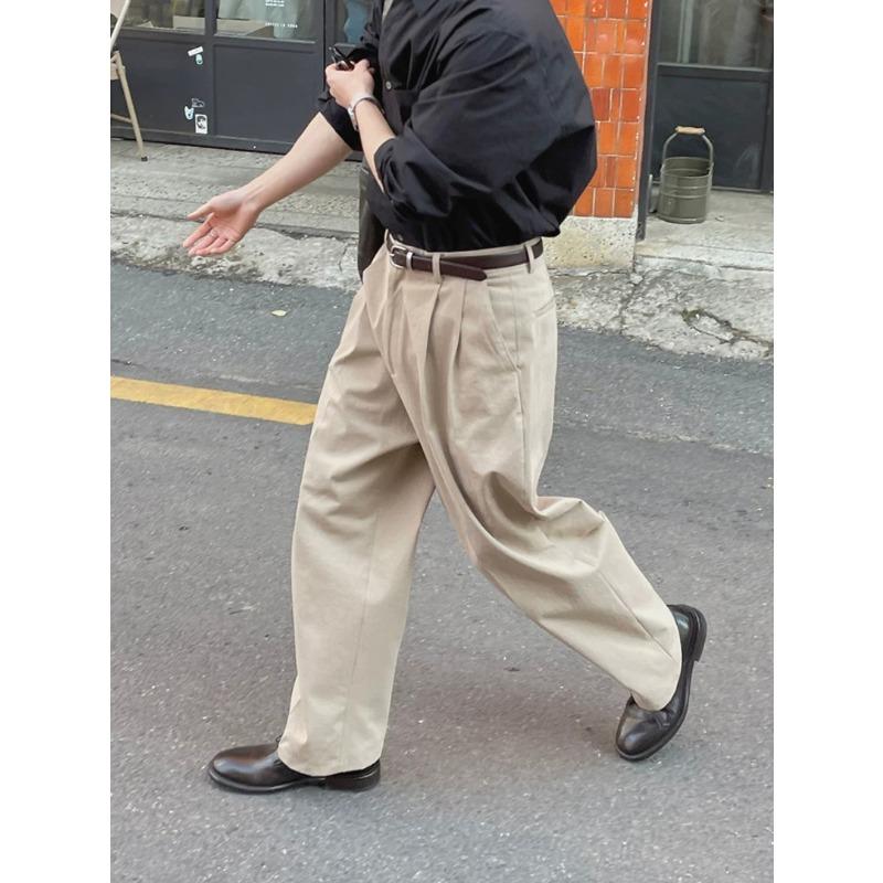 Men Loose Straight Double Pleated Casual Workwear Suit Long Trousers