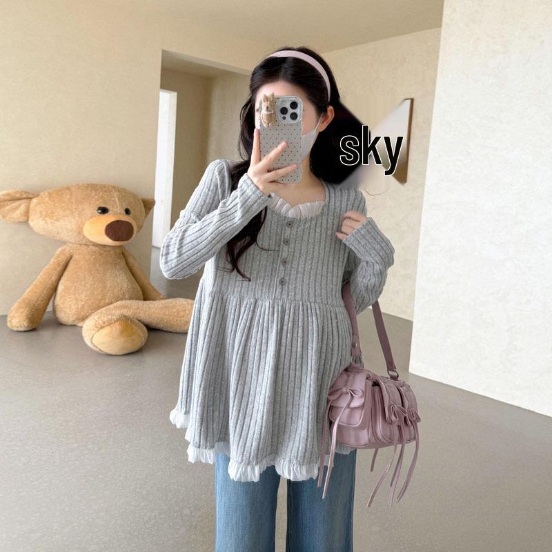 2026 Spring/Autumn Korean Style Maternity Sequin Knit Top: Belly Covering, Slimming, Elastic Fit 2XL