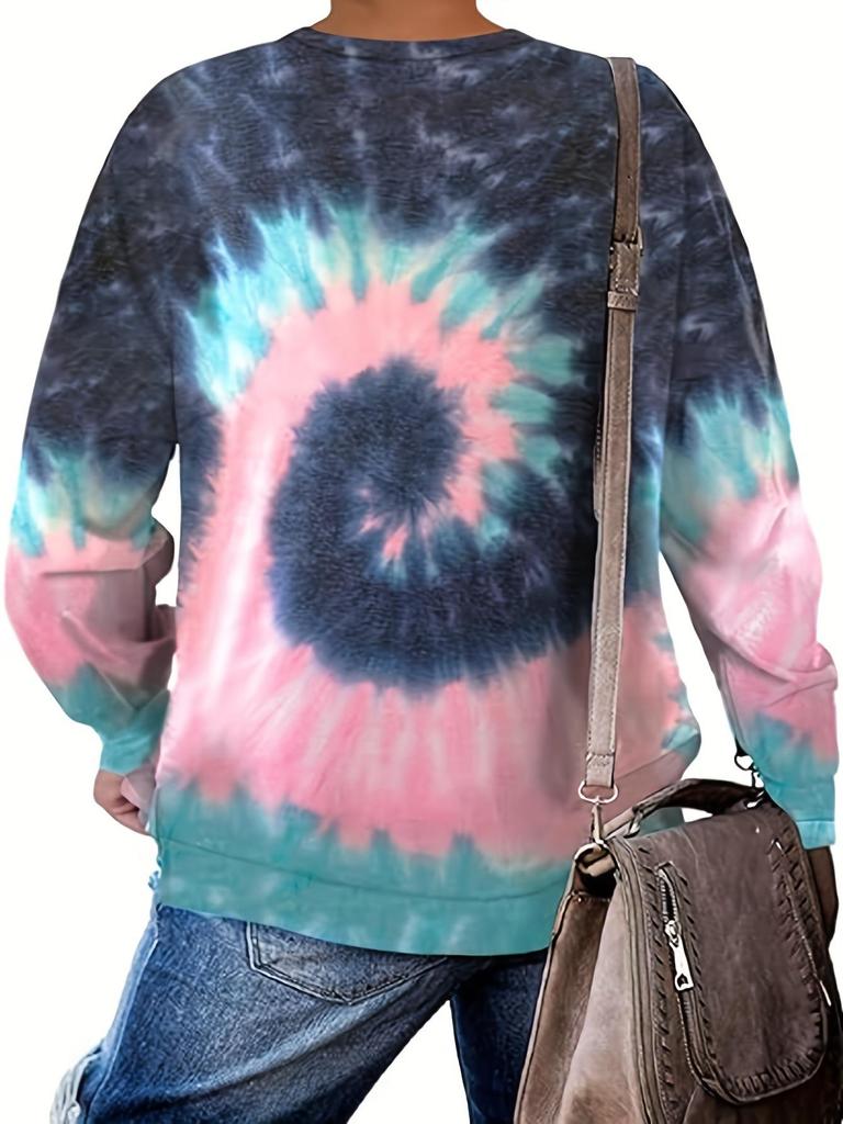 Plus Size Women's Tie-Dye Long Sleeve Elegant Pullover T-Shirt