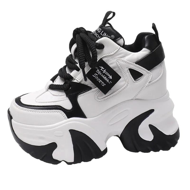 Damen High Platform Casual Lederschuhe 2025 Neu Herbst Schnür-Chunky-Sneakers 10CM Wedges Versteckte Absätze Freizeitschuhe Frau