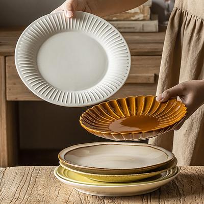 Plates, Dishes, Household Ceramic Tableware, Round Plates, High-Value Plates, Fruit Plates, Japanese Retro Shallow Plates