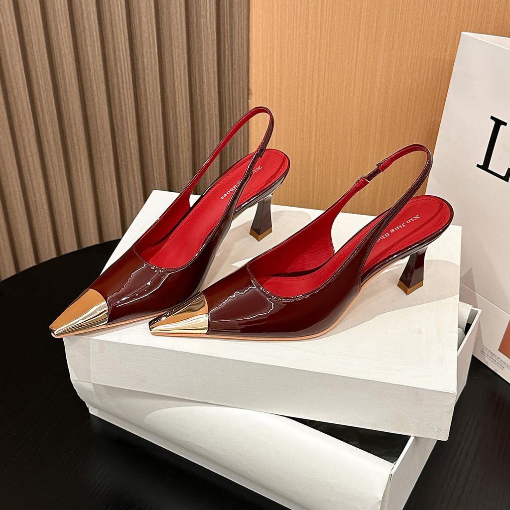 619-1 pointed patent leather high heels single shoes thin heel temperament metal toe French girl sexy back strap women's shoes