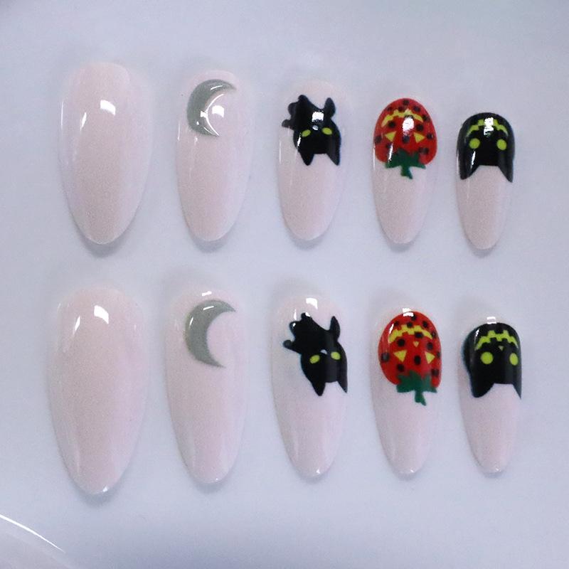 Nail Art Halloween Cute Black Cat Moon Pumpkin Long Almond Wearing Nail Pads