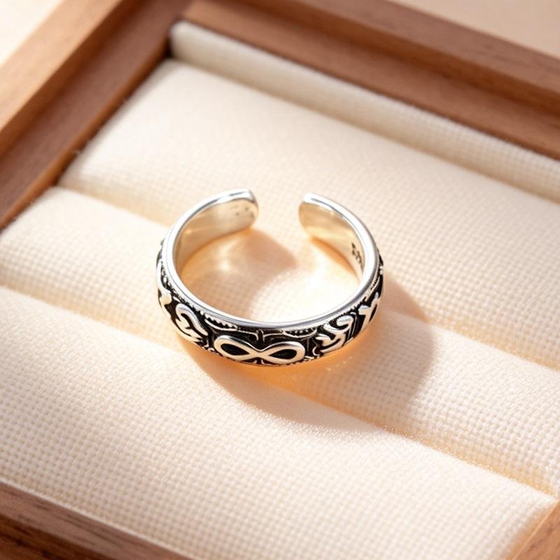 Retro Personalized Ins Hip Hop Versatile 925 Sterling Silver Jewelry Vintage Symbol Six Word Mantra Opening Rings 02891